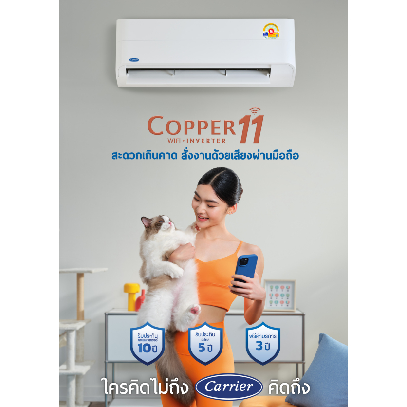 แอร์ติดผนัง Carrier Copper 11 รุ่น  42TVEA013B ระบบ Inverter 12,100 BTU  เฉพาะเครื่องไม่รวมติดตั้ง