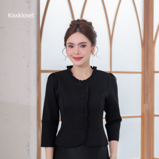 KSPC49 เสื้อผ้าไหมจิตรลดา กระดุมหน้า แต่งระบาย แขนยาว ใส่แมทกับผ้าถุงสวยมากๆเลยค่ะ งานอัดกาวมีซับในสูท (S-5XL)