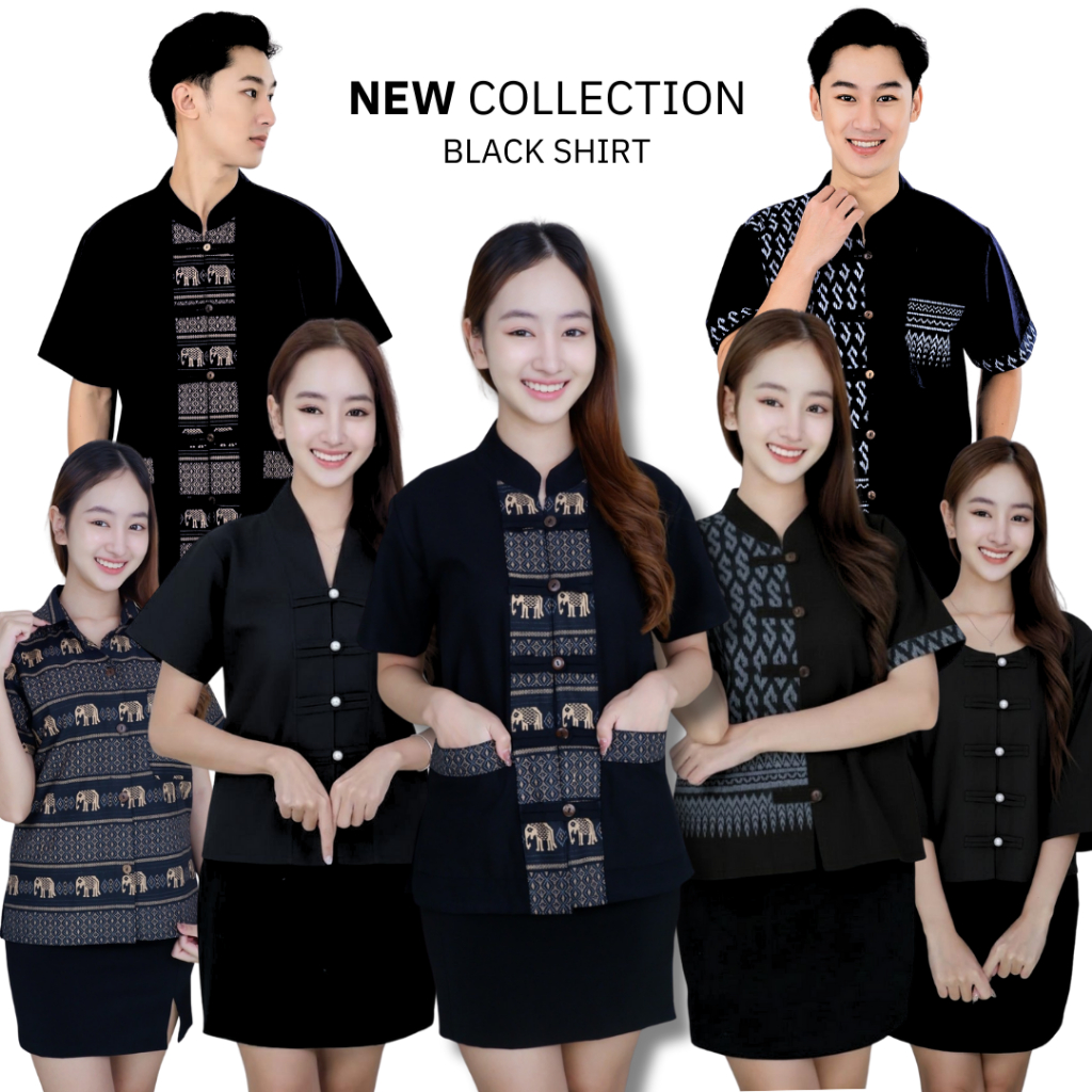รวมแบบโทนสีดำ ชายและหญิงเสื้อผ้าฝ้ายฟอกนุ่ม 5 กระดุมผ่าหน้า เสื้อแขนสามส่วน เสื้อคอยูโด เสื้อคอเชิ้ต