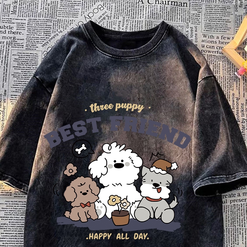 เสื้อฟอกวินเทจผู้หญิงแบบเท่ๆ ผ้าคอตตอน 100% oversize เสื้อผ้าคนอ้วนไซส์ใหญ่ เสื้อยืดโอเวอร์ไซส์เกาหลี ลายการ์ตูนญี่ปุ่น