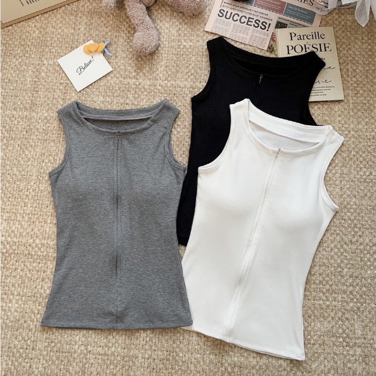 เสื้อกล้ามมีซิปผ่าหน้า เสื้อกล้ามสไตล์เกาหลี สาวจีน เสื้อกล้ามซิปมีบรา