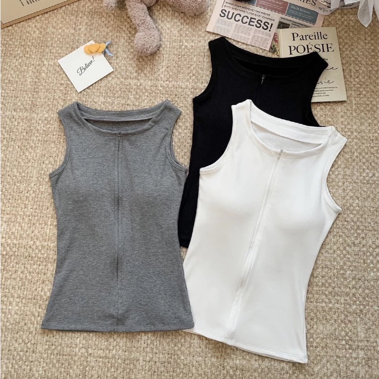 เสื้อกล้ามมีซิปผ่าหน้า เสื้อกล้ามสไตล์เกาหลี สาวจีน เสื้อกล้ามซิปมีบรา