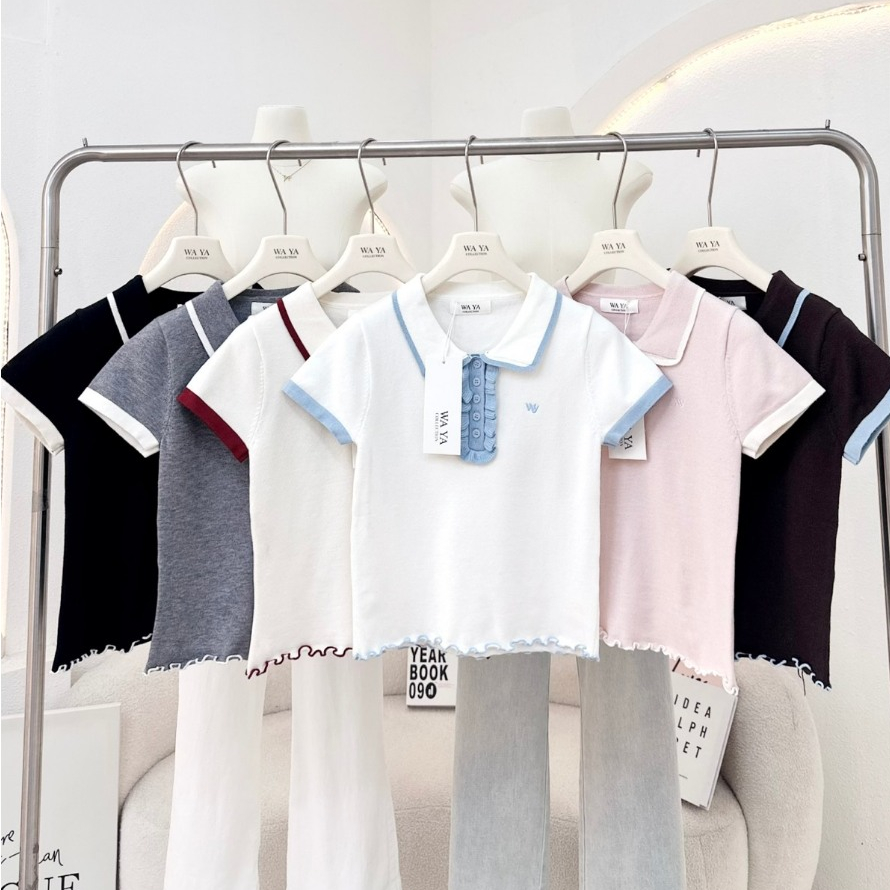 Annie top : เสื้อโปโลไหมพรม แขนสั้น แต่งขอบ ปักหน้าอก KN.Clothes