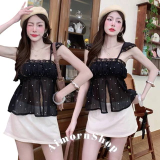 🔥aimorn_shop🔥เสื้อสายเดี่ยว ลายจุด ผ้าบาง ขอบติดลูกไม้น่ารักๆ ด้านหน้าแหวกเพิ่มความเซ็กซี่ งานใส่สบาย