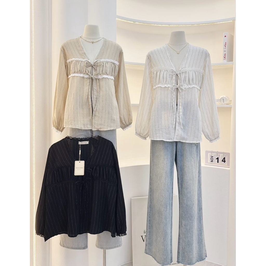 NN752 เสื้อแขนยาวลายทางผ่าหน้า ผูกโบว์อก Peekanong🌷