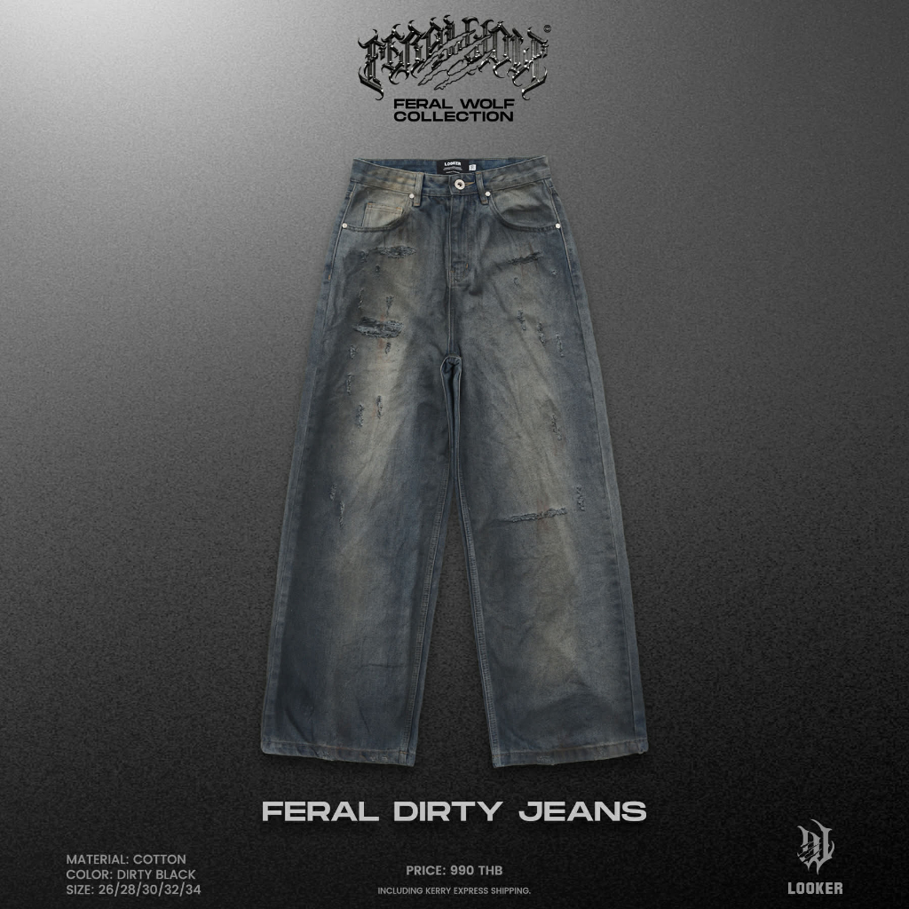 กางเกงยีนส์ขายาวฟอกโทนเข้ม LOOKER / FW — FERAL DIRTY JEANS