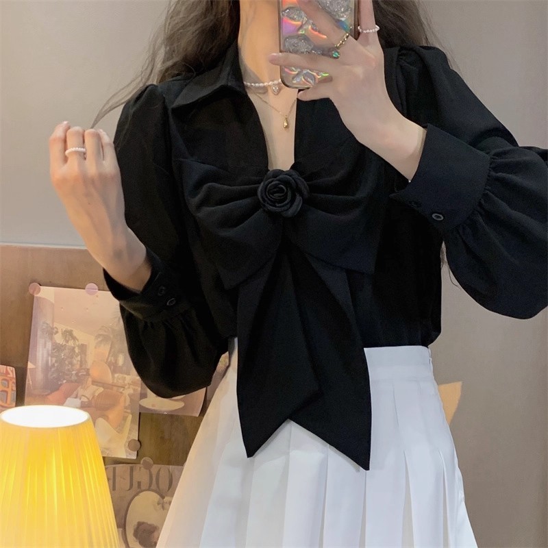 perbit_grace✨เสื้อเชิ้ตแขนยาวสีดำผูกโบว์ คอวี สีพื้น สำหรับผู้หญิง เหมาะสำหรับสวมใส่ในฤดูใบไม้ผลิและฤดูใบไม้ร่วง#w687