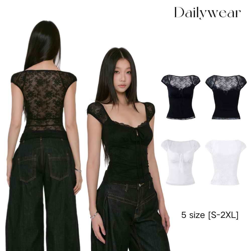 Dailywear พร้อมส่ง✨เสื้อยืดคอเหลี่ยมผูกโบว์โปร่งสีดำ/ขาว ทรงเข้ารูป เสื้อครอปขอบลูกไม้สำหรับผู้หญิงสำหรับหน้าร้อน