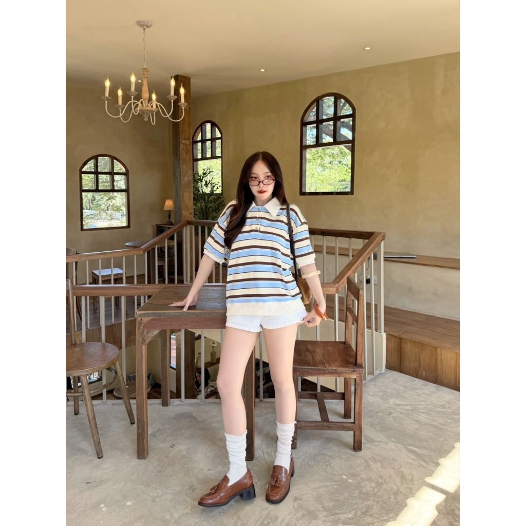 Polo top  : เสื้อคอปกโปโลแขนสั้นลายริ้ว กระดุมใช้งานจริง ผ้านิ่มใส่สบาย ราคา ถูกที่สุด ดีลบีเคเค แกลเลอรีภาพที่ 8