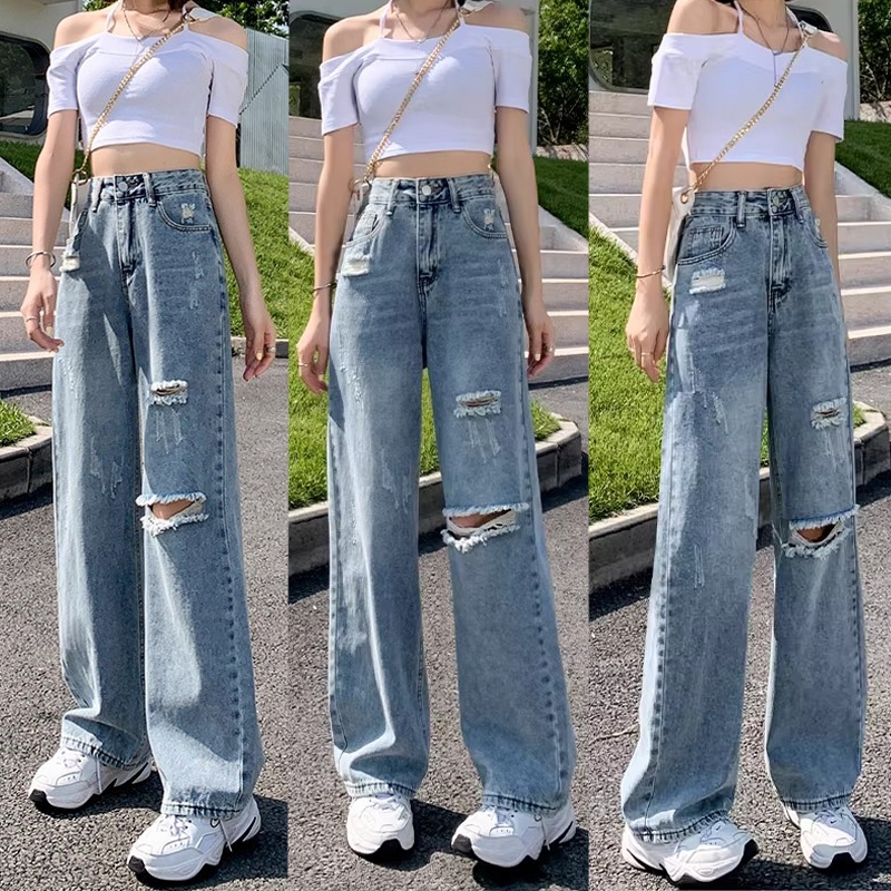 S~5XL Ripped jeans for women กางเกงยีนส์ทรงตรงสีน้ำเงิน กางเกงแฟชั่นขากางเกงขาดดีไซน์เก๋ กางเกงยีนส์ขากว้างสไตล์สตรีทHOT