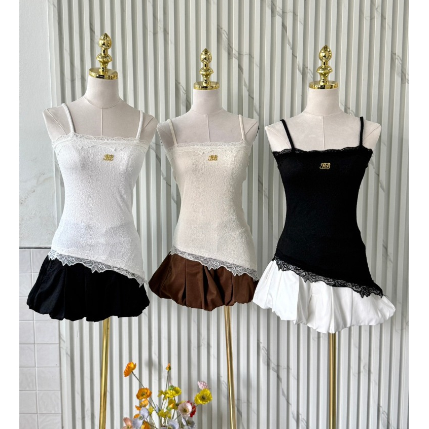 เสื้อสายเดี่ยว/เสื้อกล้าม แต่งลูกไม้ เสื้อสายเดี่ยวปาดข้างแต่งลูกไม้ งานน่ารัก ผ้าเกาหลี BUBBLE (BB0