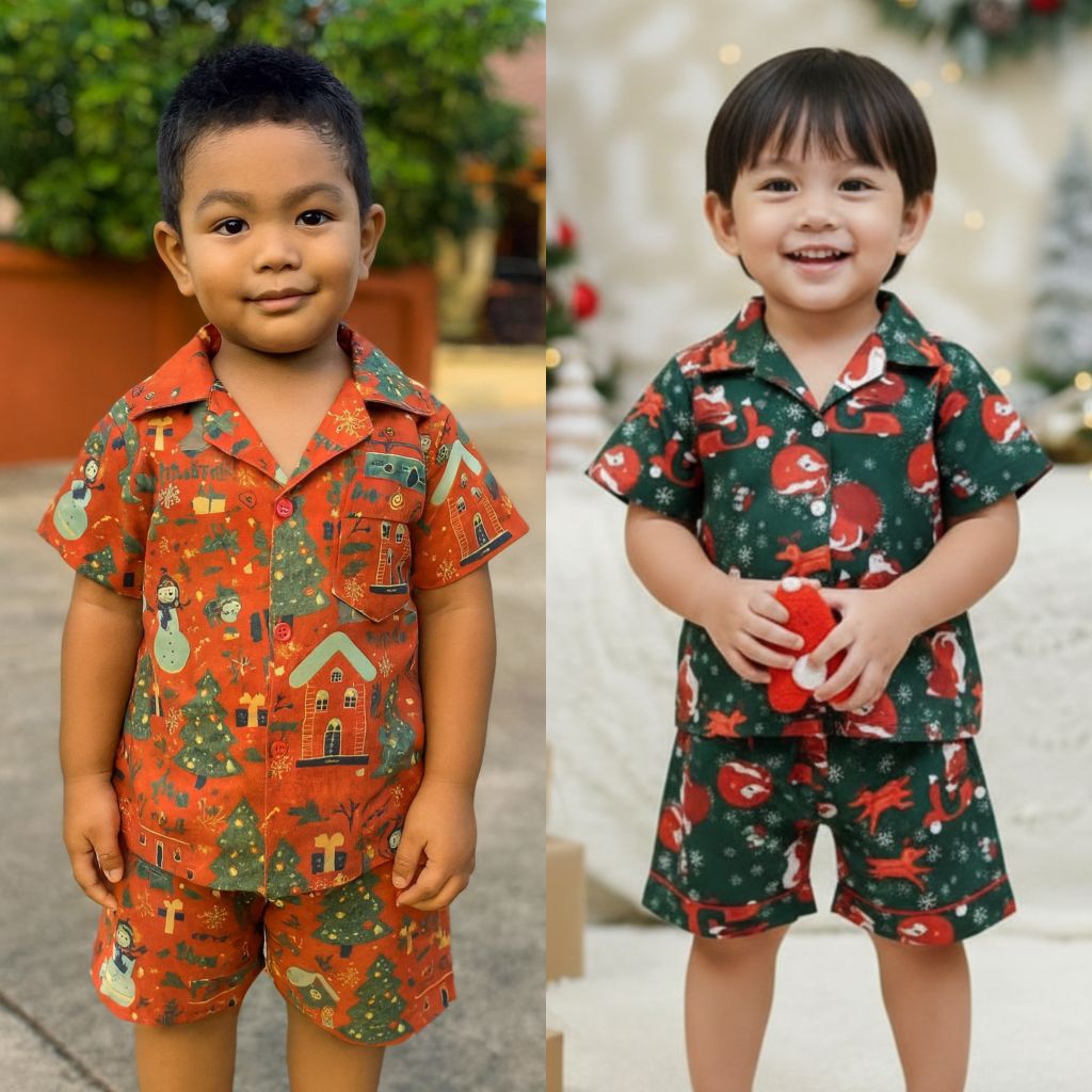 ชุดเด็กลายคริสต์มาส ผ้าไหมญี่ปุ่น นิ่มลื่นใส่สบาย เสื้อผ้าเด็กชาย เสื้อผ้าเด็กหญิง