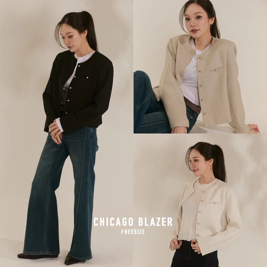 [ CHICAGO BLAZER ] ทรงคอกลม น่ารักมากก มาพร้อมกับผ้าทวิตเนื้อนุ่ม ใส่สบายมากๆเลยค่ะ ใส่คลุมได้ลุคจึ่งๆกันไปเลยย