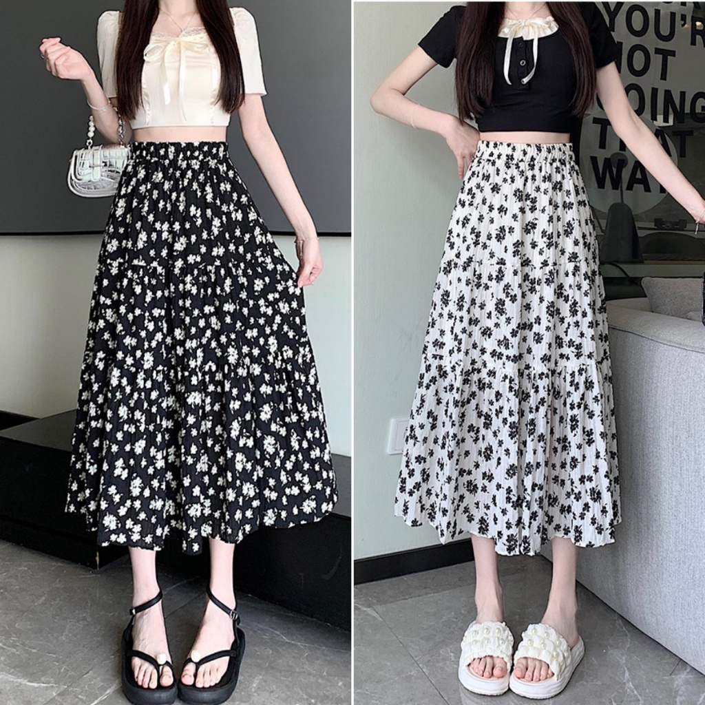 cherryshop พร้อมส่ง กระโปรงผ้าชีฟองลายดอกไม้เอวสูงสไตล์เกาหลีสำหรับผู้หญิง ทรงเอไลน์สลิมฟิต เอวยางยืด สวมใส่สบาย