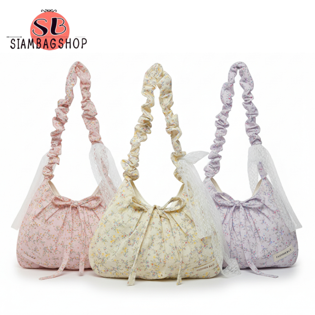 SIAMBAGSHOP(S2313) กระเป๋าสะพายไหล่ผ้าฉลุลายดอกไม้