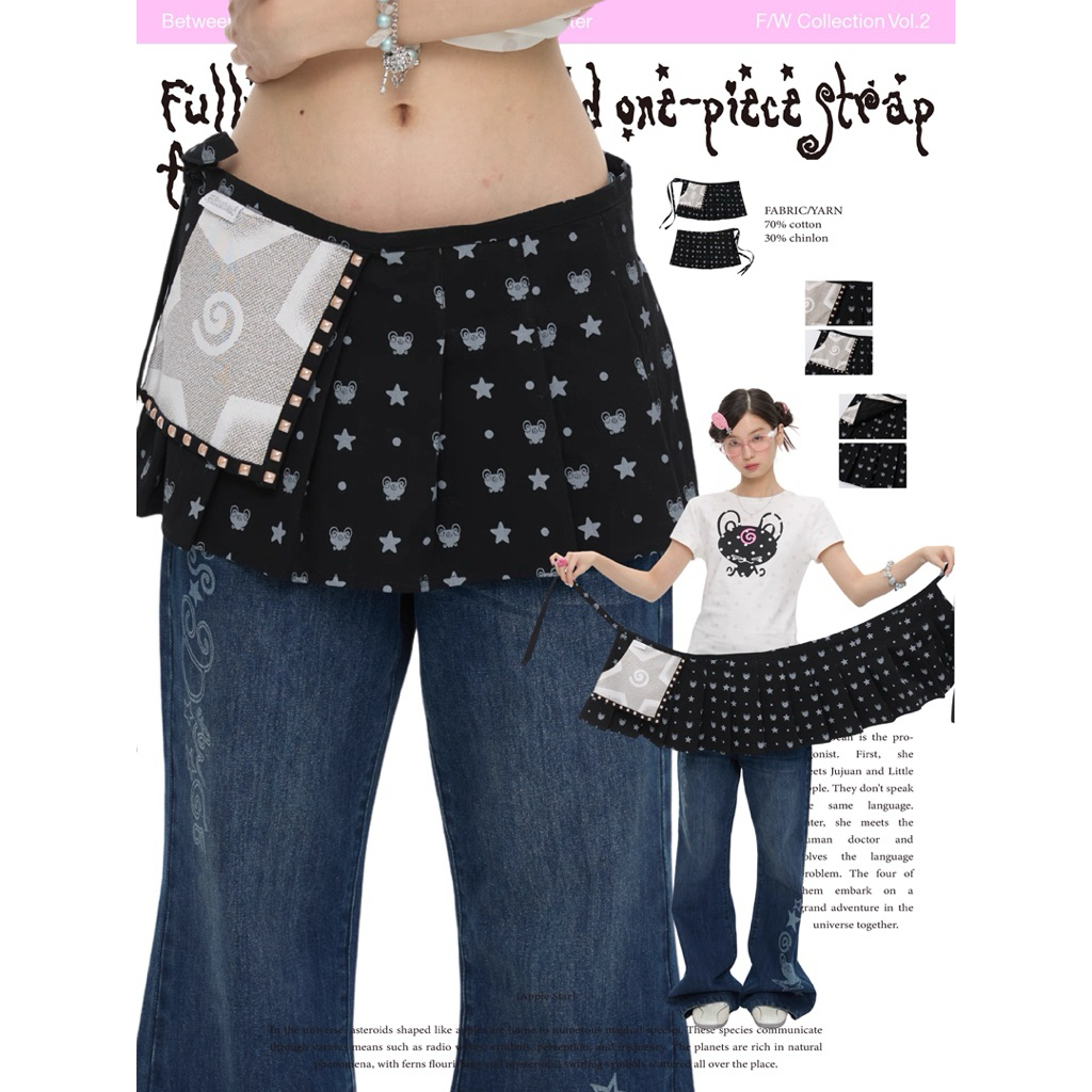 (Pre-order) Between One-piece strap fart curtain ผ้ากันเปื้อนแบบผูกเอวกระโปรงสั้นลายพิมพ์พร้อมกระเป๋