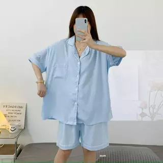 ชุดนอนผ้าไหมญี่ปุ่นสีพื้น เเขนสั้น-ขาสั้น ผ้านิ่มใส่สบาย บิ๊กไซส์ อก52