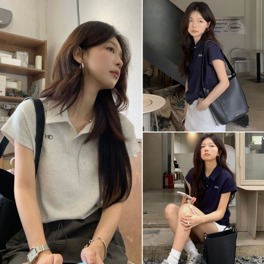 cherryshop พร้อมส่ง เสื้อยืดแขนสั้นปักลายตัวอักษรแฟชั่นสำหรับผู้หญิง ปกคอโปโล ด้วยปุ่ม สไตล์เกาหลีเรียบง่าย