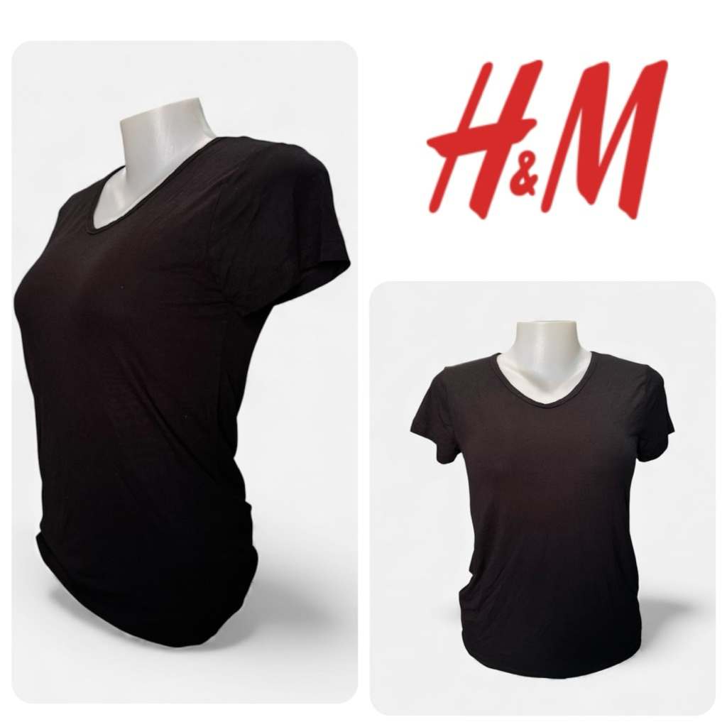 SA97 | Basic H & M เสื้อยืด คอวี สีดำ แขนสั้น ผ้ายืด ของแท้