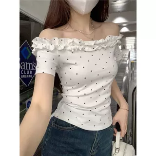 เสื้อยืดผู้หญิง Sexy เสื้อยืดแขนสั้นไหล่เดียวสีขาวผู้หญิง เสื้อยืดเปิดไหล่ ทรงเข้ารูป แฟชั่นเกาหลีย้อนยุค #F008