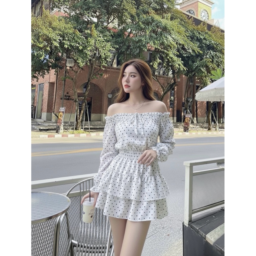Polka Set เซ็ต 2 ชิ้นสุดคุ้ม เสื้อปาดไหล่+กระโปรง ราคา ถูกที่สุด ดีลบีเคเค แกลเลอรีภาพที่ 3