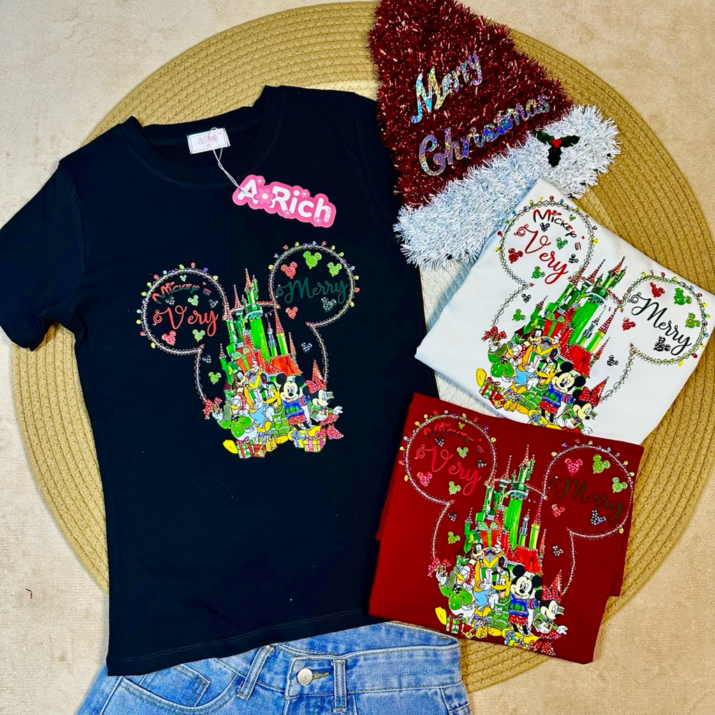 เสื้อยืดลายหัวมิ๊กกี้คริสต์มาสรีดเพชร น่ารักเกินต้าน ผ้าหนานุ่มเด้ง