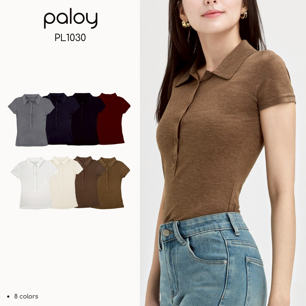 Paloy - PL1030 เสื้อยืดแขนสั้นคอปก สีพื้น แต่งกระดุม ผ้ายืดใส่สบาย
