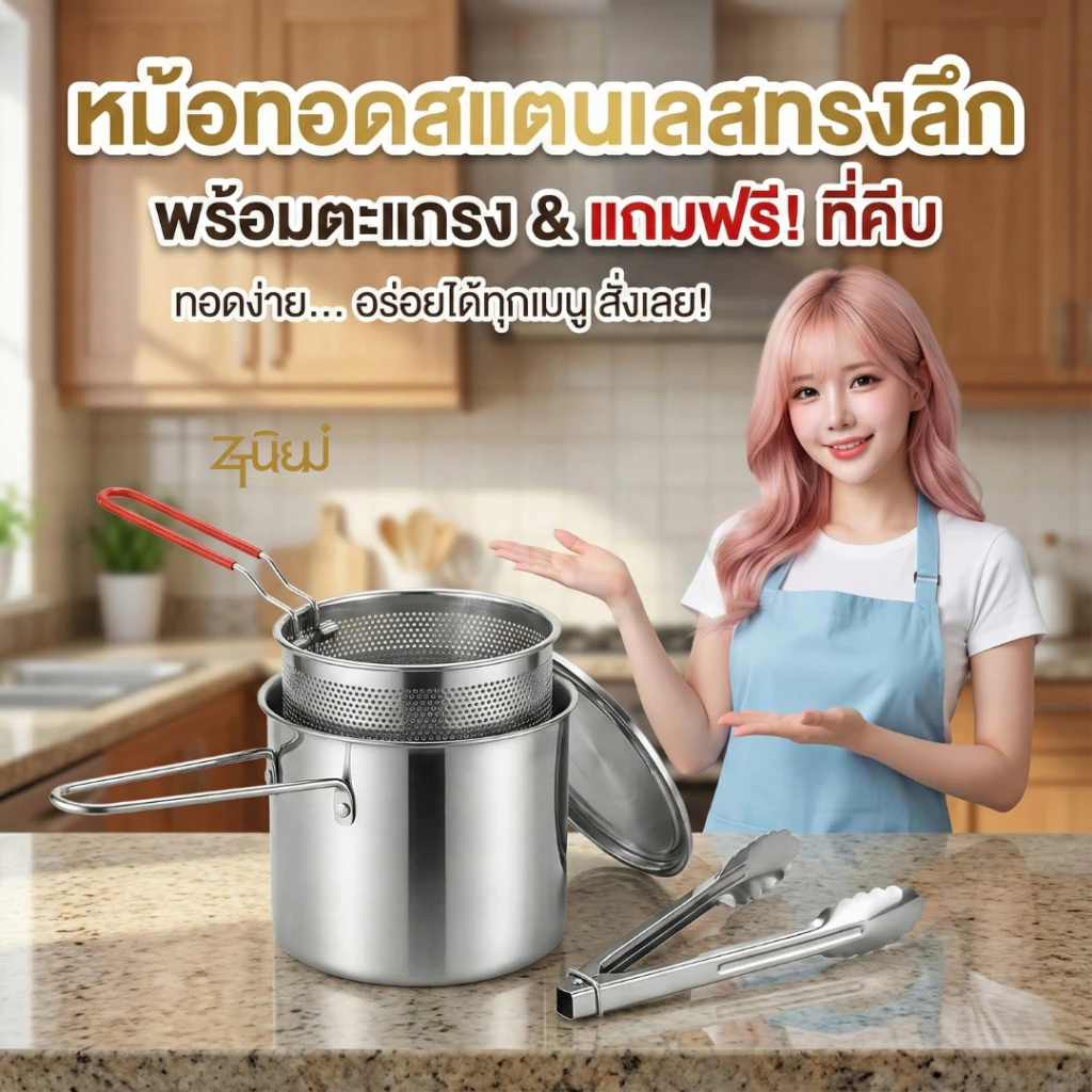 หม้อทอดเฟรนช์ฟรายส์ แถมฟรี!ที่คีบ หม้อทอดสแตนเลสทรงลึก 12ซม.แถมฝาปิด ตะแกรง หม้อกรองน้ำมัน