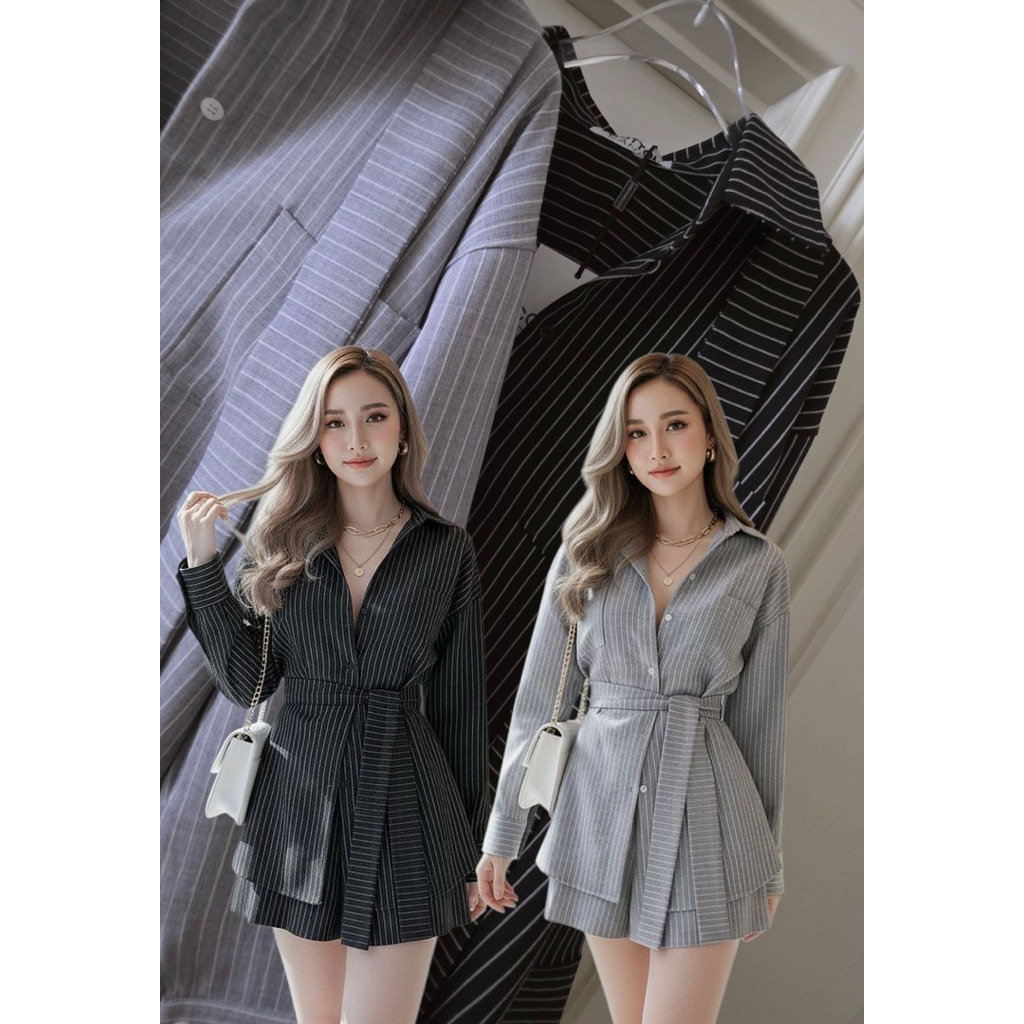 Cotton candy ชุดเซต2ชิ้น เสื้อเชิ๊ตแขนยาว+กางเกงขาสั้น ผ้าคอตตอนทอลายริ้ว ใส่สบาย เรียบแต่หรู(พร้อมส