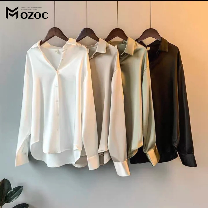 MOZOC จัดส่งจากประเทศไทย เสื้อเชิ้ตแขนยาว ผ้าซาติน ทรงหลวม สไตล์ฝรั่งเศส พลัสไซซ์ สําหรับผู้หญิง