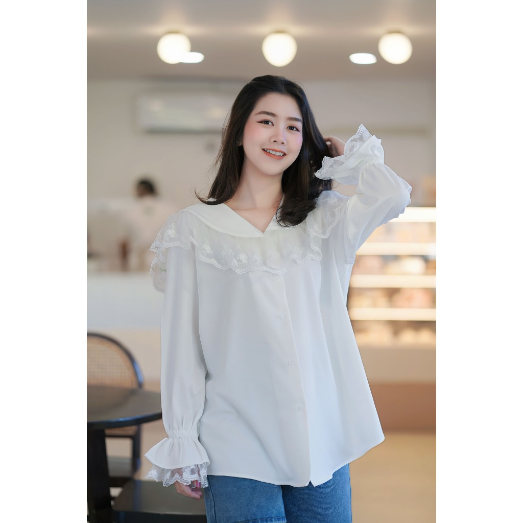 9m3-D114-117 เสื้อเชิ้ตคอปลายแขนแต่งลูกไม้ สีกรม/ขาว/แดง/ชมพู