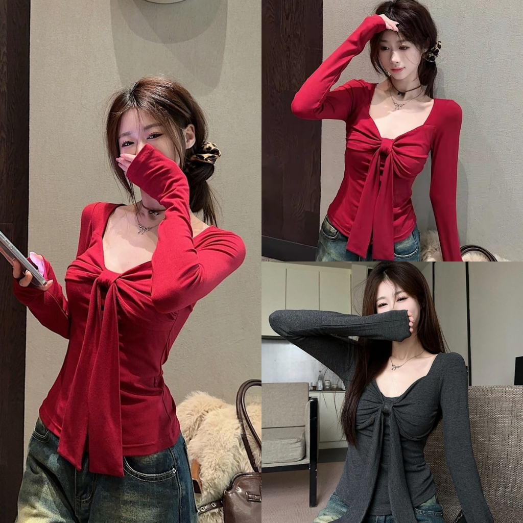 Missyo เสื้อยืดผู้หญิง แขนยาว แต่งโบว์ คอวี ทรงเข้ารูป สีแดง