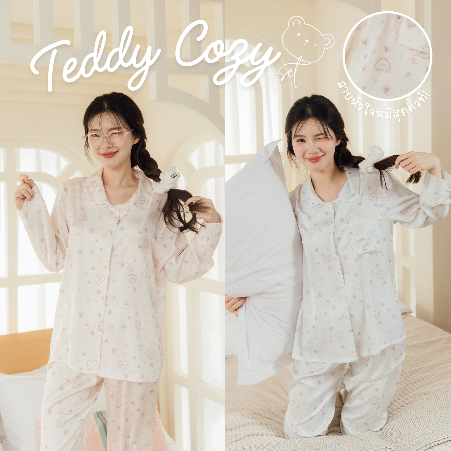 Onceandtwice | Teddy Cozy Set ชุดนอนซาตินเนื้อนุ่ม พิมพ์ลายหมีหัวใจสุดคิ้วท์ ชุดนอนแขนยาว แต่งดีเทลลูกไม้สุดคิ้วท์