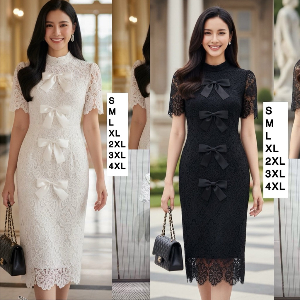 เดรสลูกไม้ แต่งโบว์หน้า สีขาว สีดำ งานป้าย chalita