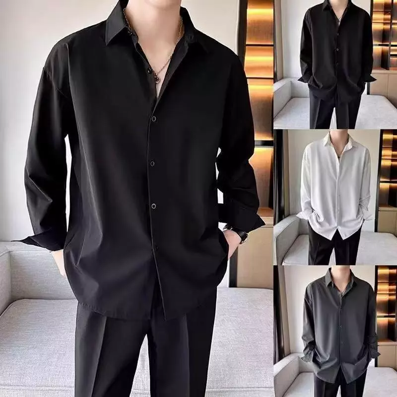 เสื้อเชิ้ตสีดำ ใส่ได้ทั้งผู้ชายและผู้หญิง แฟชั่นคอปก ผ้าไหมอิตาลี ผ้าดีใส่สบาย เสื้อเชิ้ตแขนยาว กระดุมใช้ได้จริง M—3XL