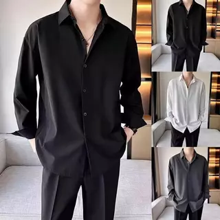 เสื้อเชิ้ตสีดำ ใส่ได้ทั้งผู้ชายและผู้หญิง แฟชั่นคอปก ผ้าไหมอิตาลี ผ้าดีใส่สบาย เสื้อเชิ้ตแขนยาว กระดุมใช้ได้จริง M—3XL