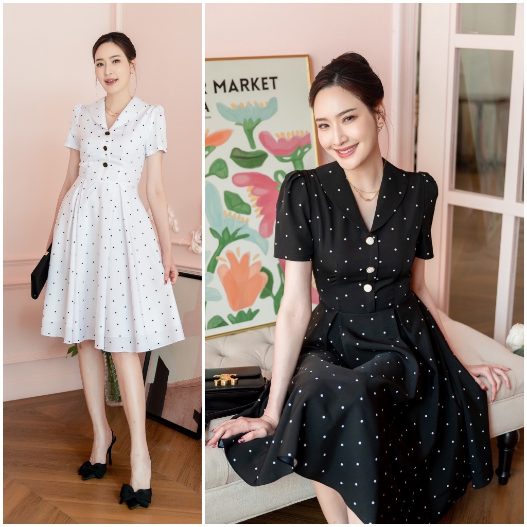 PD356 Polkadot Dress เดรสผ้าไหมอิตาลี คอปก แขนสั้น กระโปรงบาน