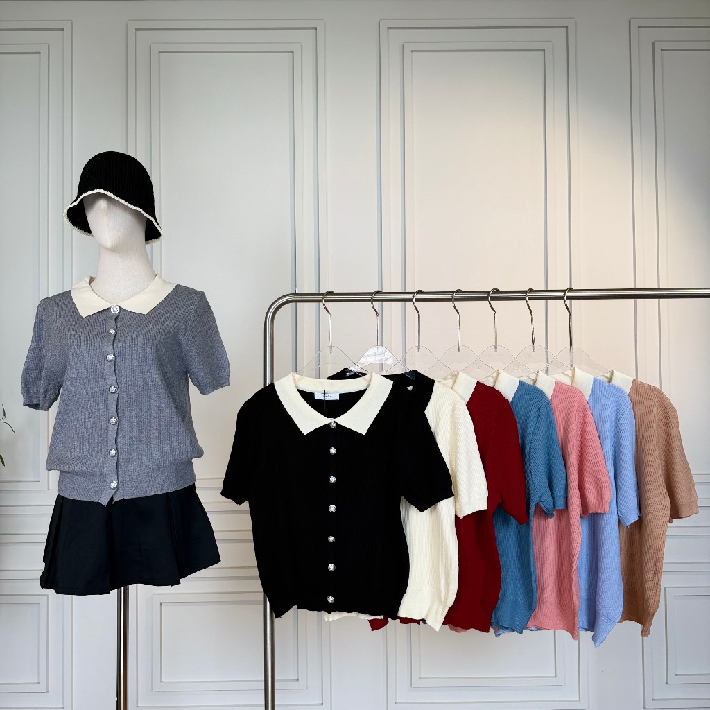 (T934)เสื้อไหมพรมคอปกกระดุมจริงแต่งเอวสม็อก