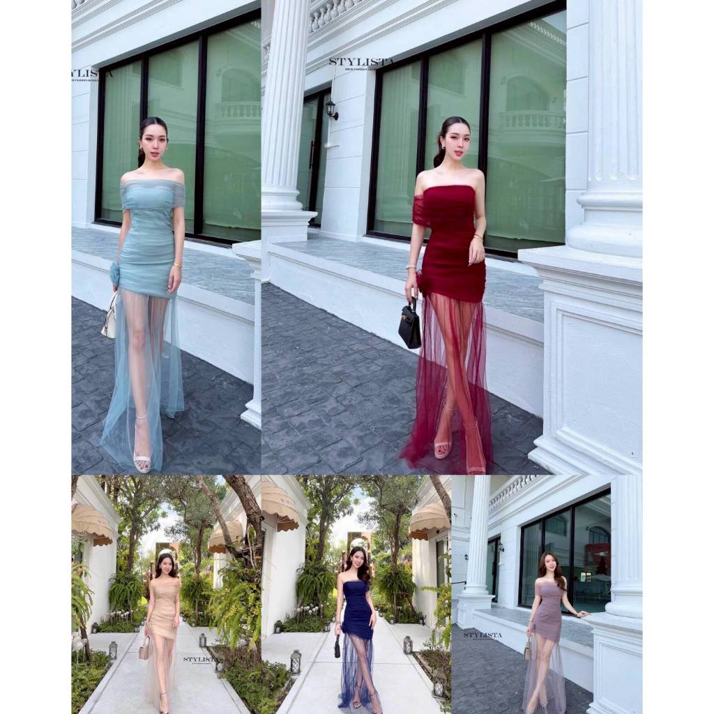 Stylista เดรสทรงพอดีตัว ไหล่เฉียงผ้าซีทรู  ชายกระโปรงยาวเป็นซีทรู