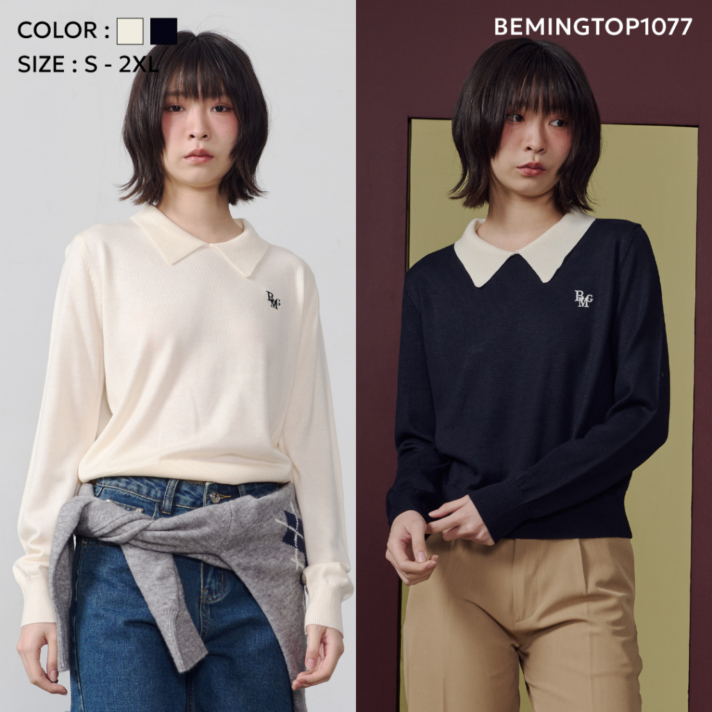Bemingtop1077(S-2XL)-BMG Knit Polo Sweater - เสื้อไหมพรมแขนยาวคอปก ดีเทลปักโลโก้ BMG