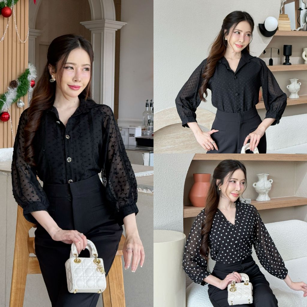 [S-4XL] เสื้อเชิ้ตแขนยาวผ้าพรีเมี่ยมมีซับในโทนสีดำ