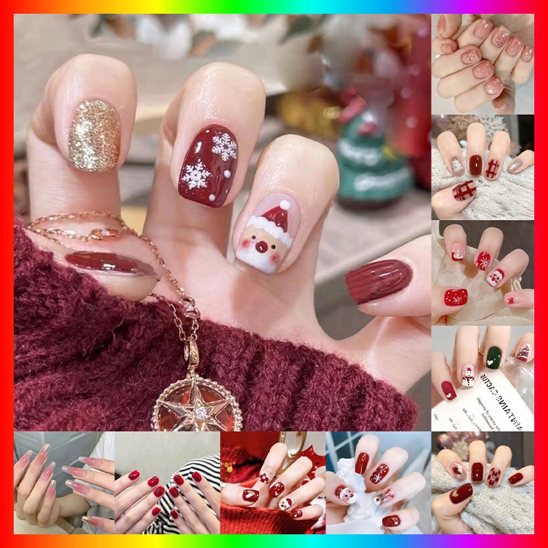 🎅🎁คริสมาสต์ ปีใหม่ 🎄เล็บเจล หลากหลายสไตล์เล็บสไตล์คริสต์มาส เล็บปลอม สีแดง 24 ชิ้น