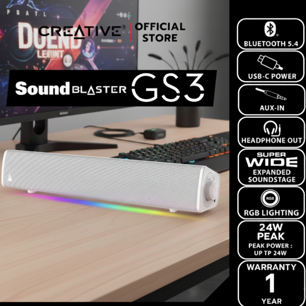 ลำโพง Soundbar Creative Sound Blaster GS3 ไร้สาย Bluetooth 5.4 พร้อมไฟ RGB เสียงดังชัด 24W