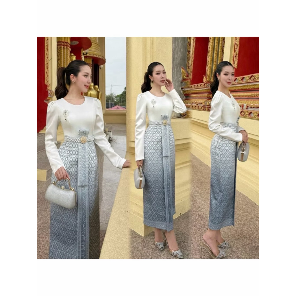 abigail Set4ชิ้น สุดคุ้ม..เสื้อแขนยาว หน้าอกเสริมฟองน้ำจัดทรงสวย ตกแต่งเข็มแมทมาคู่กับผ้าถุงสำเร็จพิมพ์ลายไทย