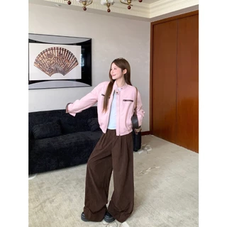 【xxavc825h0】เสื้อแจ็คเก็ตสตรีทรงสั้นคอตั้งสีชมพู
