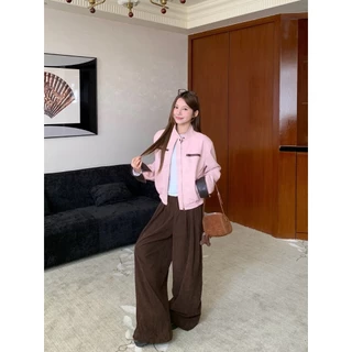 【xxavc825h0】เสื้อแจ็คเก็ตสตรีทรงสั้นคอตั้งสีชมพู