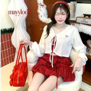 ❤️mayylody❤️ Cardigan Top คาร์ดิแกน / เสื้อคลุม / เสื้อแขนยาว แขนพองตุ๊กตา ปักโบว์ สไตล์เกาหลี ❤️เสื้อสีแดง / คริสต์มาส