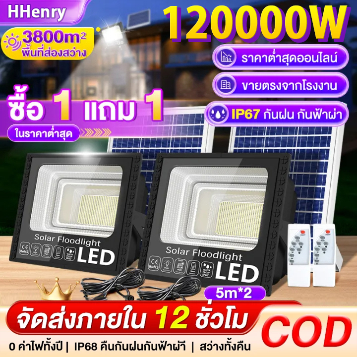 ⚡【ซูเปอร์ดีล!】⚡ไฟโซล่าเซลล์ ซื้อ 1 แถม 1 ไฟถนน โซล่าเซลล์ 120000w Solar Light กันน้ำ กันฟ้าผ่า แสงสีขาว พร้อมรีโมท สายไฟ