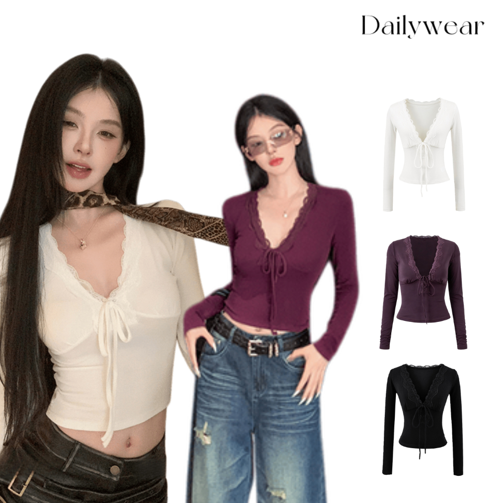 Dailywear พร้อมส่ง ✨เสื้อยืดคอวีแขนยาวยืดหยุ่นเซ็กซี่ฤดูร้อนปี 2025 พร้อมขอบลูกไม้