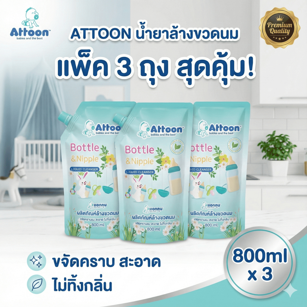 Attoon แอทตูน น้ำยาล้างขวดนม แพ็ค 3 ถุง ขจัดคราบ สะอาด ไม่ทิ้งกลิ่น (800mlx3)